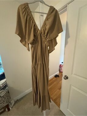 Beige Maxi Dress with Flutter Sleeves